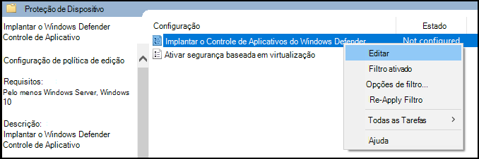 Edite a Política de Grupo para o Controlo de Aplicações do Windows Defender.