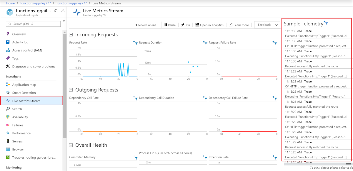 Просмотр Live Metrics Stream на портале