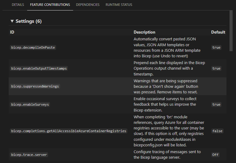 Снимок экрана: параметры расширения Bicep.