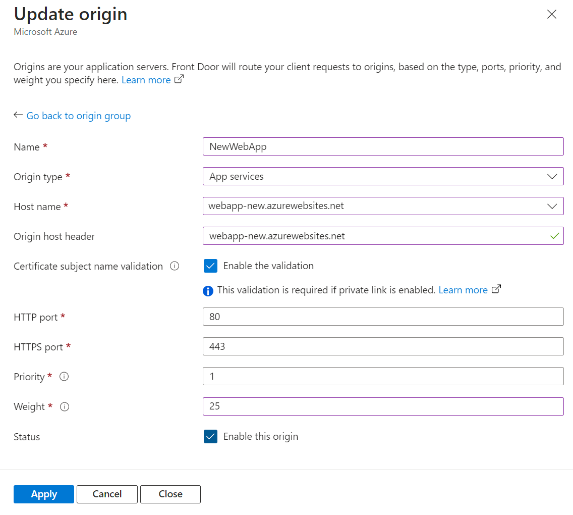 Screenshot of enabling the new origin to receive traffic.