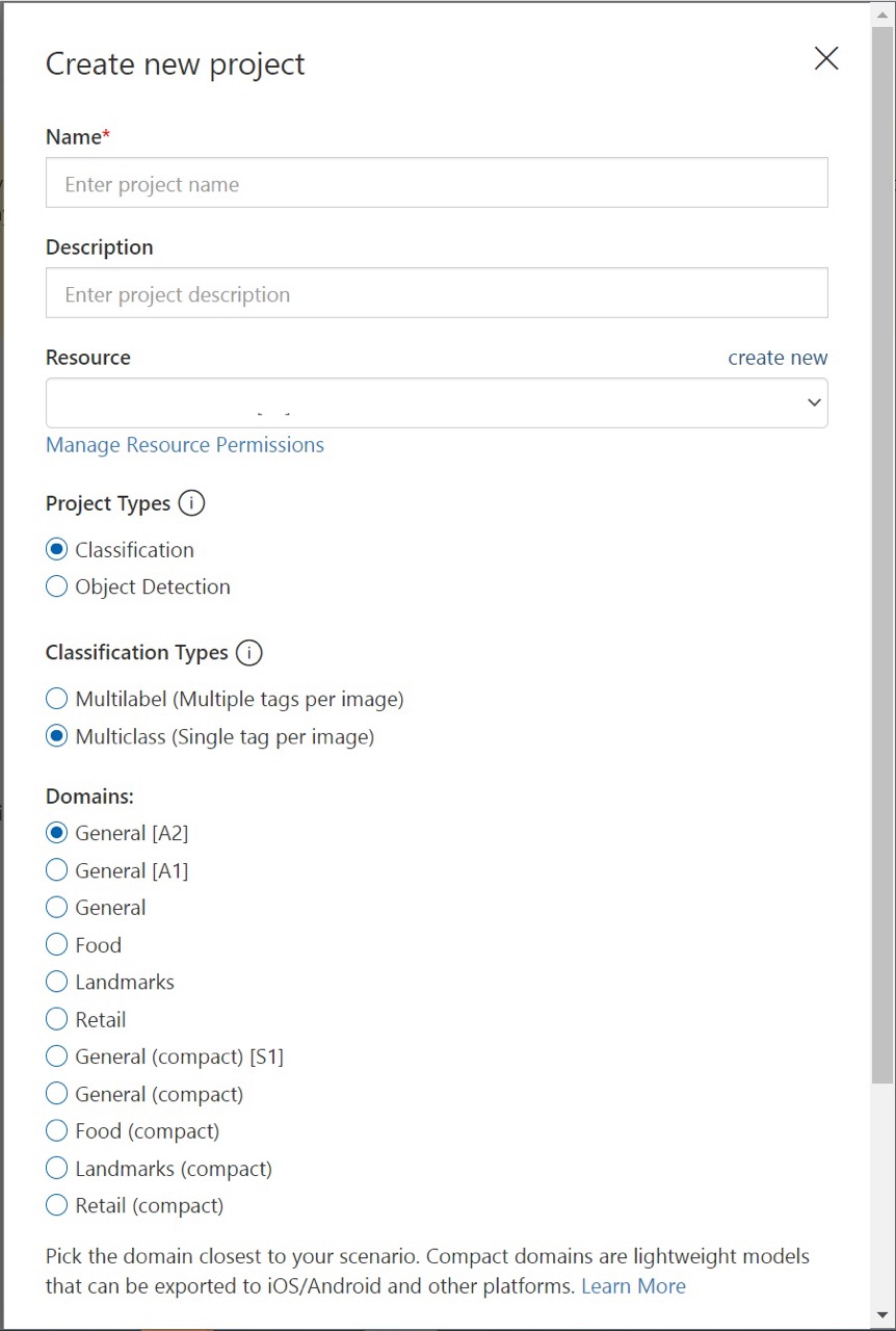 The new project dialog box has fields for name, description, and domains.