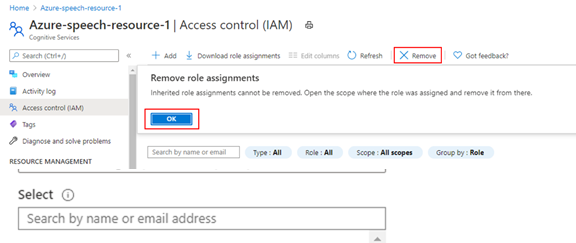 Screenshot of the 'Remove' button on the 'Remove role assignments' pane.