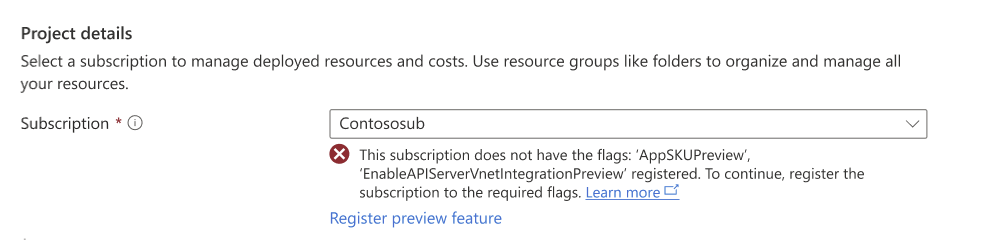 Снимок экрана: ошибка, показанная, если у подписки нет флагов предварительной версии, зарегистрированных при создании автоматического кластера AKS в портал Azure.