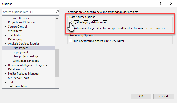 Screenshot of Enable legacy data sources.