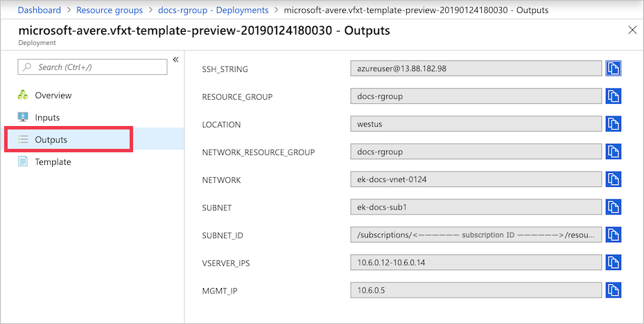 Страница выходных значений со значениями SSHSTRING, RESOURCE_GROUP, LOCATION, NETWORK_RESOURCE_GROUP, NETWORK, SUBNET, SUBNET_ID, VSERVER_IPs и MGMT_IP в полях с метками