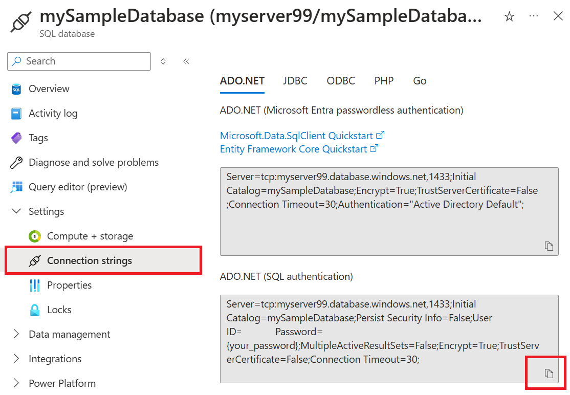 Снимок экрана: копирование База данных SQL Azure строка подключения в портал Azure.