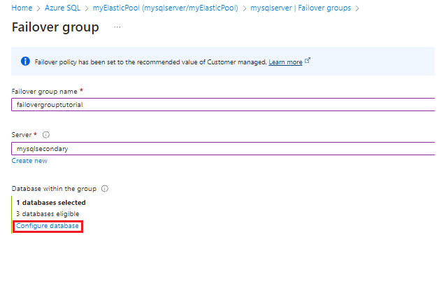 Снимок экрана: добавление эластичного пула в группу отработки отказа в портал Azure.