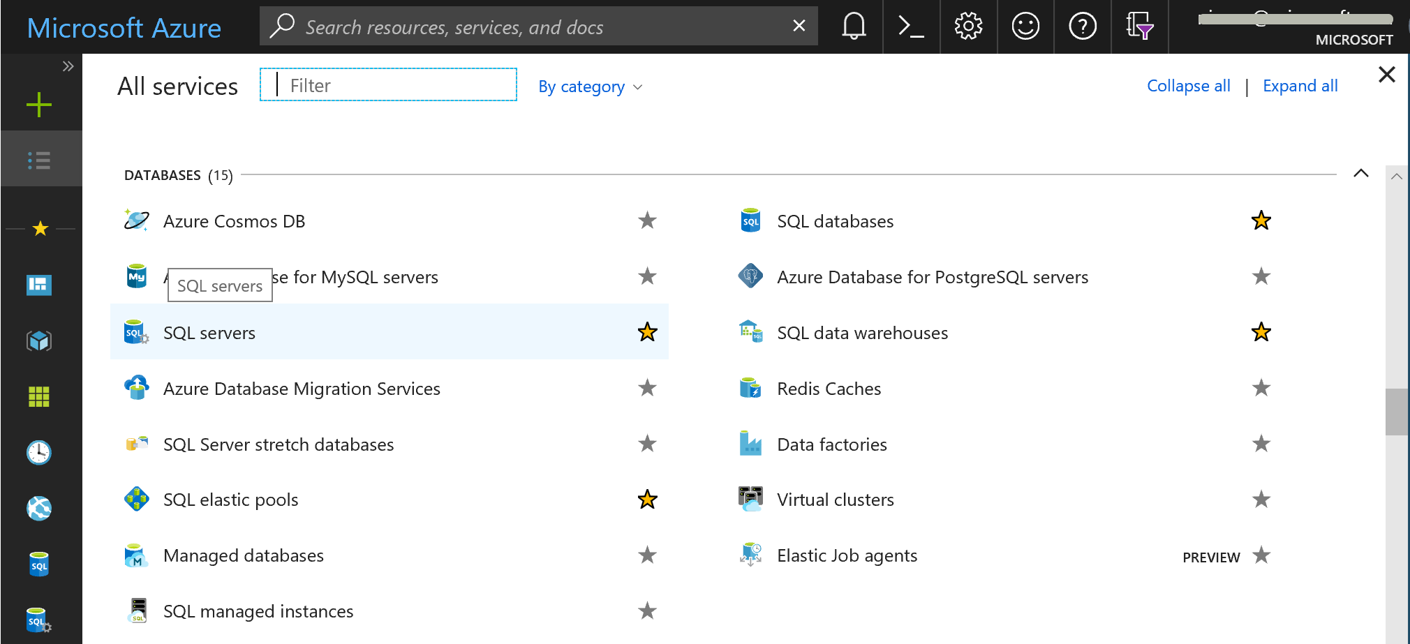 Поиск своего сервера Базы данных SQL Azure на портале