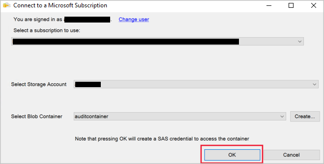 Выберите подписку Azure, учетную запись хранения и контейнер BLOB-объектов.