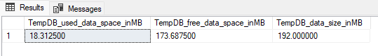 Снимок экрана: результат запроса в SSMS с используемым и свободным местом в файле данных tempdb.