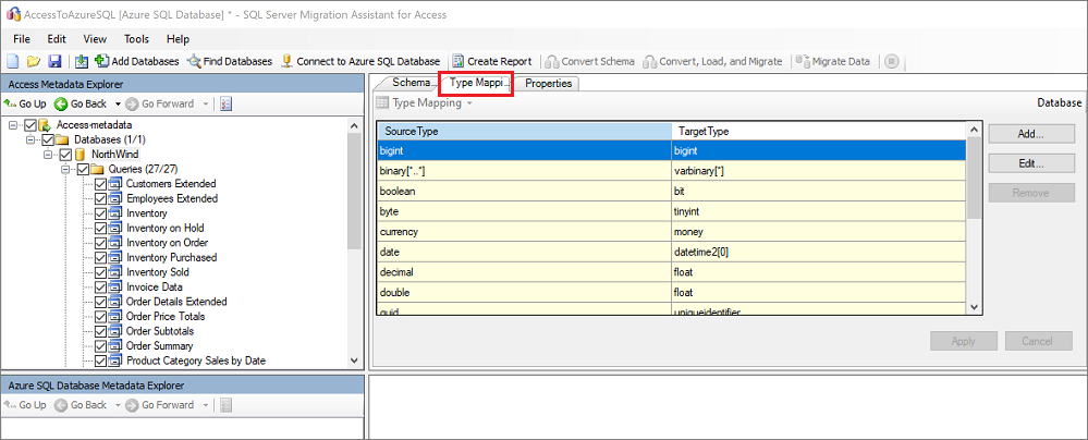 Снимок экрана: панель Type Mapping (Сопоставление типов) в SSMA для Access.