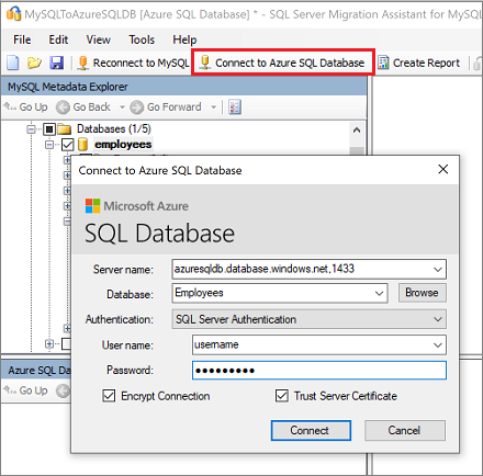 Снимок экрана: панель Connect to Azure SQL Database (Подключение к базе данных SQL Azure) в SSMA для MySQL.