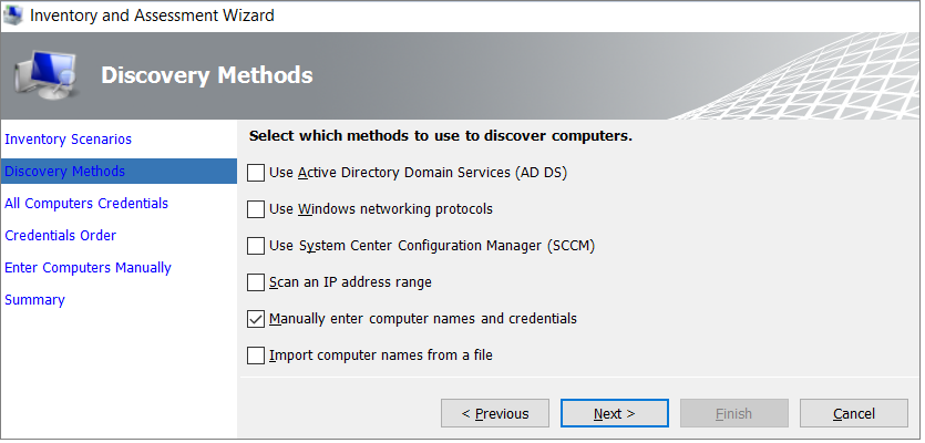 Снимок экрана: страница Discovery Methods (Методы обнаружения) мастера инвентаризации и оценки.