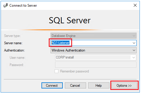 Открытие SQL Server Management Studio и ввод имени прослушивателя, например AG1-Listener, в поле 