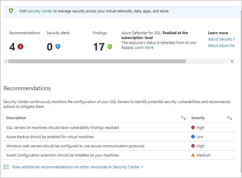 Снимок экрана: ресурс портал Azure виртуальных машин SQL, показывающий, где настроить параметры sql Server Defender для облака.