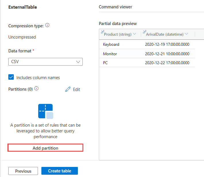 Снимок экрана: файл представления внешней таблицы в Azure Data Explorer.