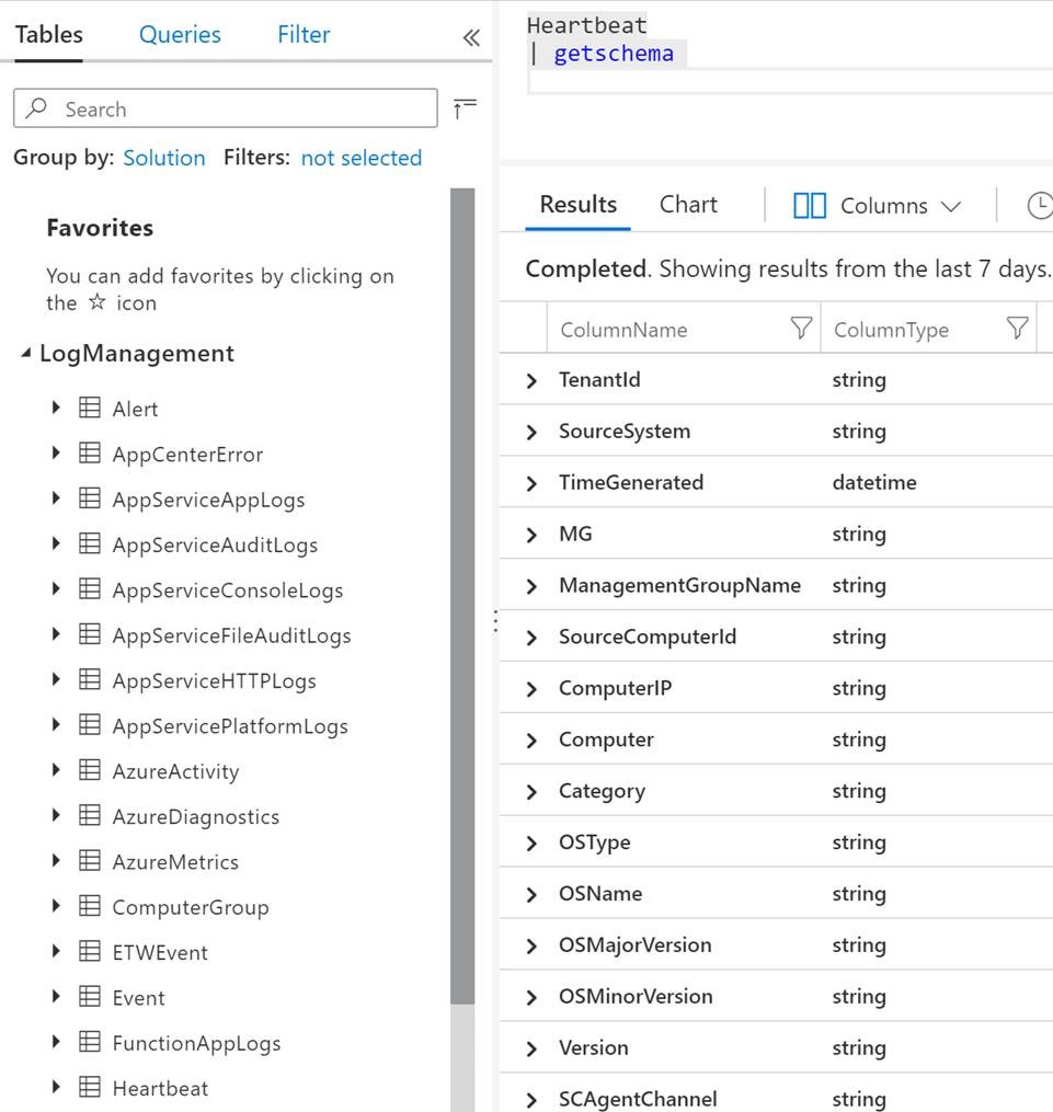 Снимок экрана: схема таблицы Log Analytics.