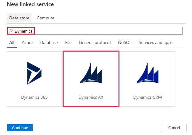 Выберите соединитель Dynamics AX.