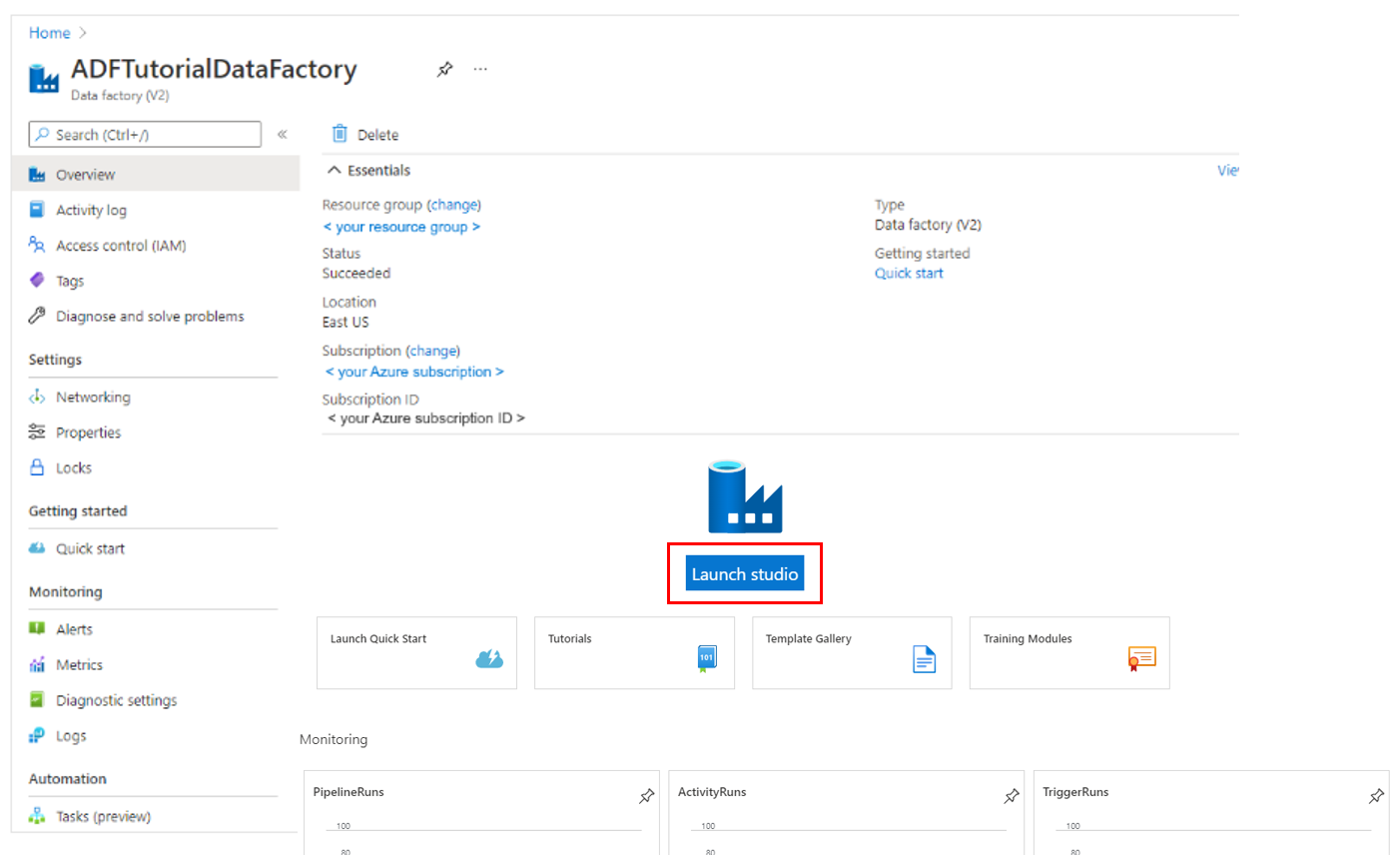 Домашняя страница для Фабрика данных Azure с выделенной плиткой Open Фабрика данных Azure Studio.