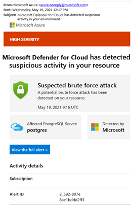 уведомление по электронной почте Defender для облака о предполагаемой атаке подбора.