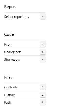 Снимок экрана: сочетания клавиш Azure DevOps 2020 Repos TFVC.