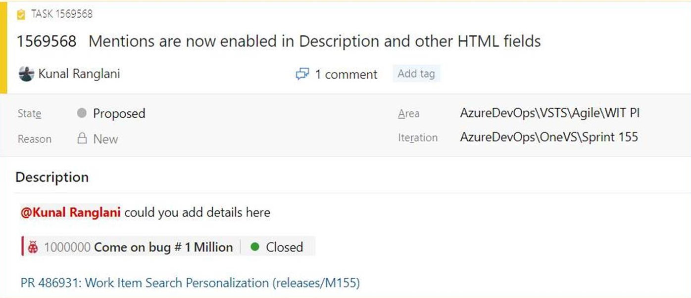 Снимок экрана: упоминание людей, рабочих элементов и PRs в области описания рабочего элемента.