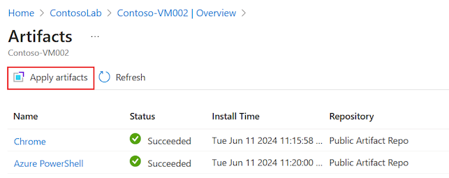 Снимок экрана, на котором показано, как подтвердить применение артефактов к виртуальной машине DevTest Labs.