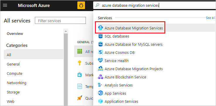 Снимок экрана: служба поиска Azure Database Migration Service.