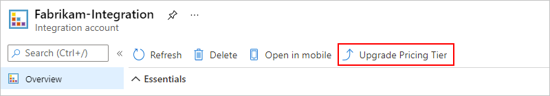 Screenshot shows integration account, Overview page, and selected option to Upgrade Pricing Tier.