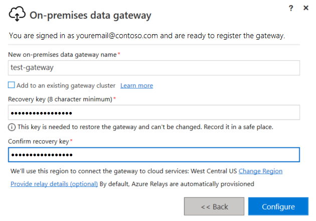 Screenshot shows gateway installer with input boxes for the gateway name, a recovery key, and confirmation of the recovery key.