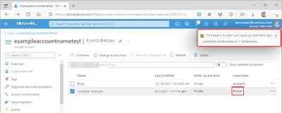 Screenshot showing a container's broken lease within the Azure portal.