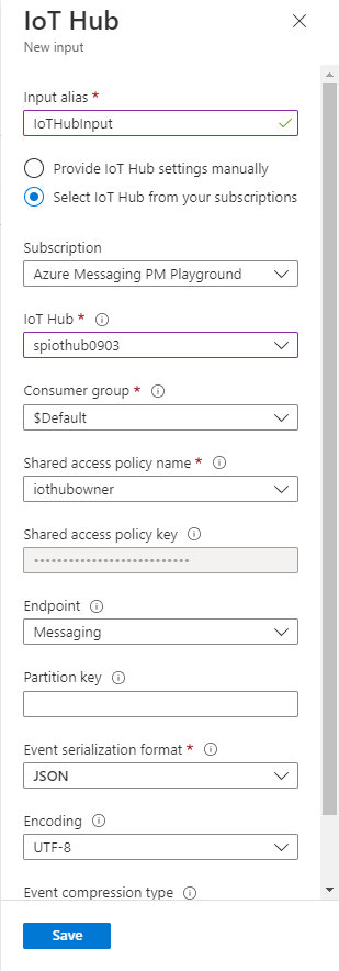 Screenshot showing the New input page to enter input IoT hub information.