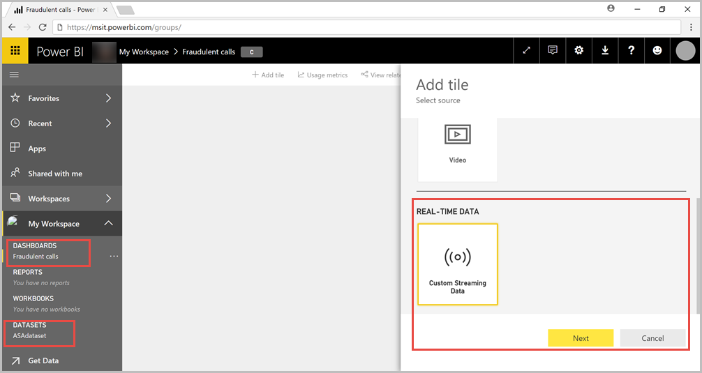 Создание плитки панели мониторинга Power BI