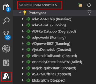 Снимок экрана: расширение VSCode, открывающем Обозреватель Stream Analytics.