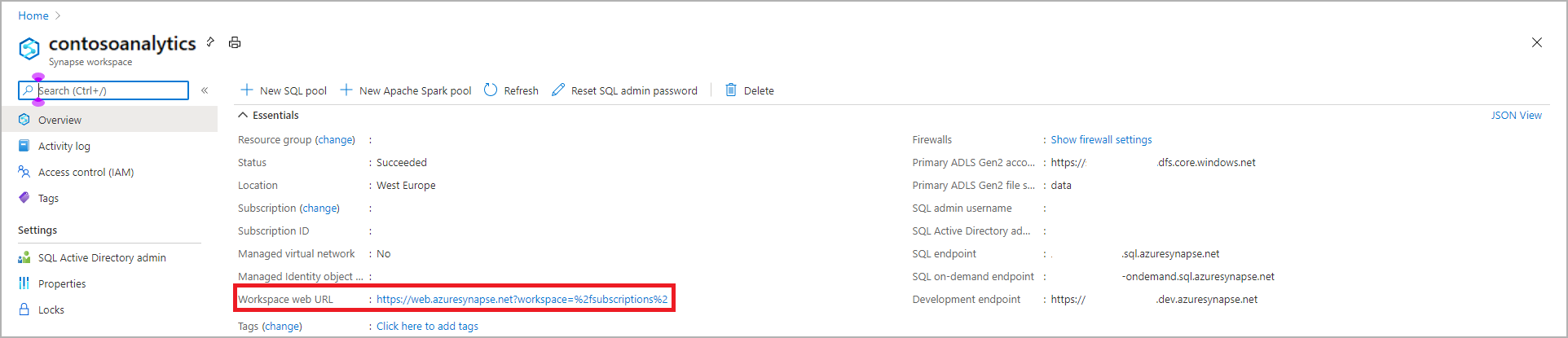 Снимок экрана: портал Azure обзор рабочей области Synapse с выделенным url-адресом веб-сайта рабочей области.