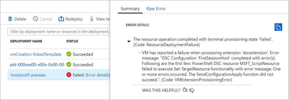 Снимок экрана: сбой развертывания, конфигурация PowerShell DSC FirstSessionHost завершена с ошибками.