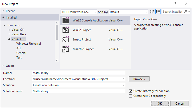 Screenshot of the New Project dialog box showing Math Library in the Name text box.