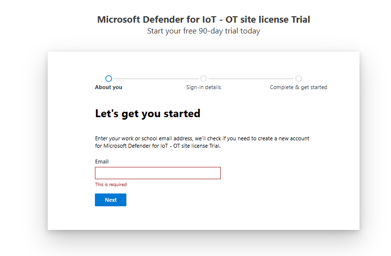 Снимок экрана: страница начала работы и настройки пробной лицензии Microsoft Defender для Интернета вещей.