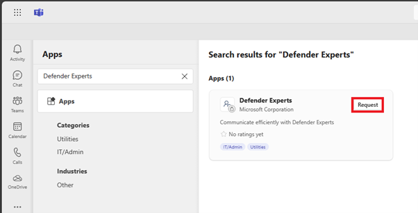 Снимок экрана: запрос приложения экспертов Defender в Microsoft Teams.