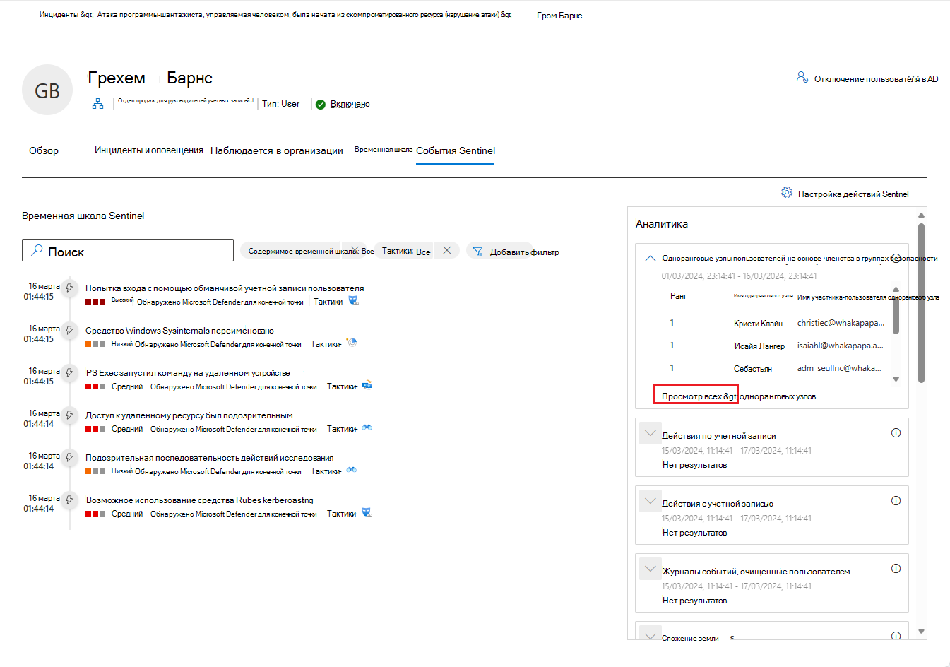 Снимок экрана: вкладка событий Sentinel на странице сущности пользователя.