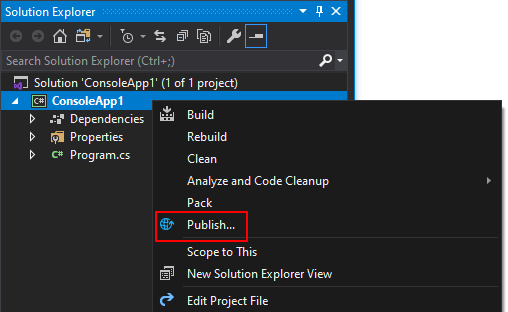 Обозреватель решений с контекстным меню, где выделен пункт Опубликовать