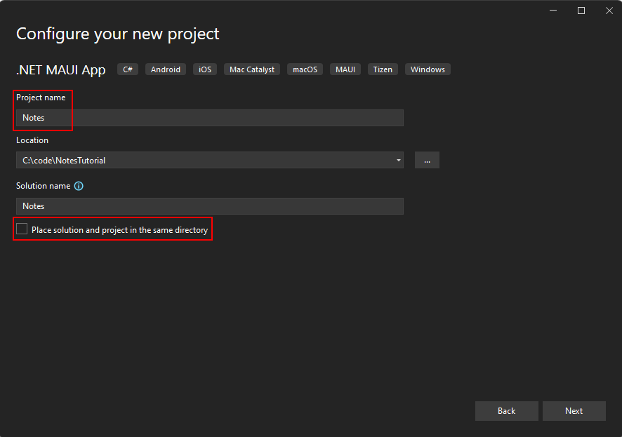 Задайте имя проекта MAUI .NET в заметках в Visual Studio.