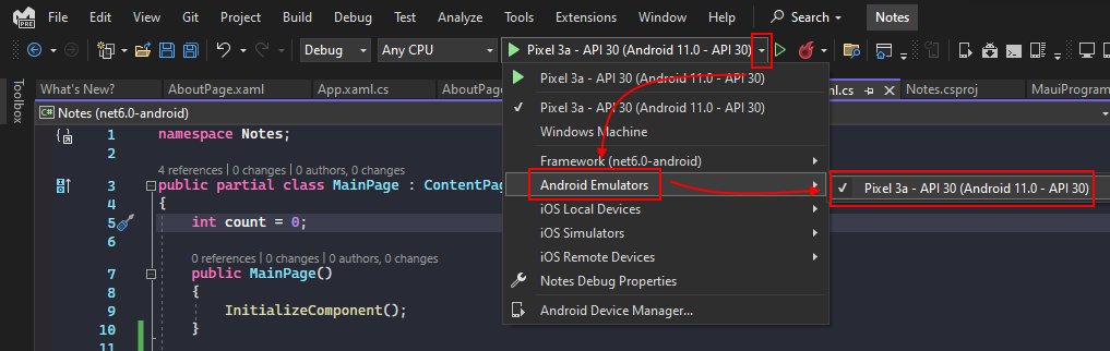 Выбор целевого объекта отладки Android для приложения MAUI .NET в Visual Studio.