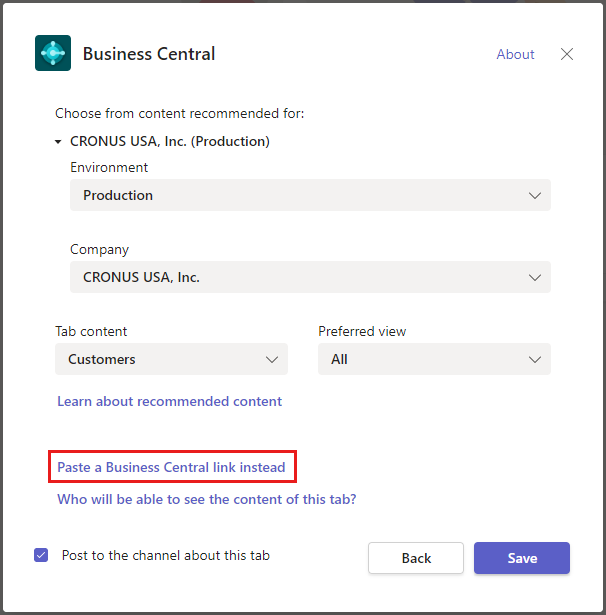 Показано окно настройки вкладки Business Central в Teams с выделенным вариантом со ссылкой