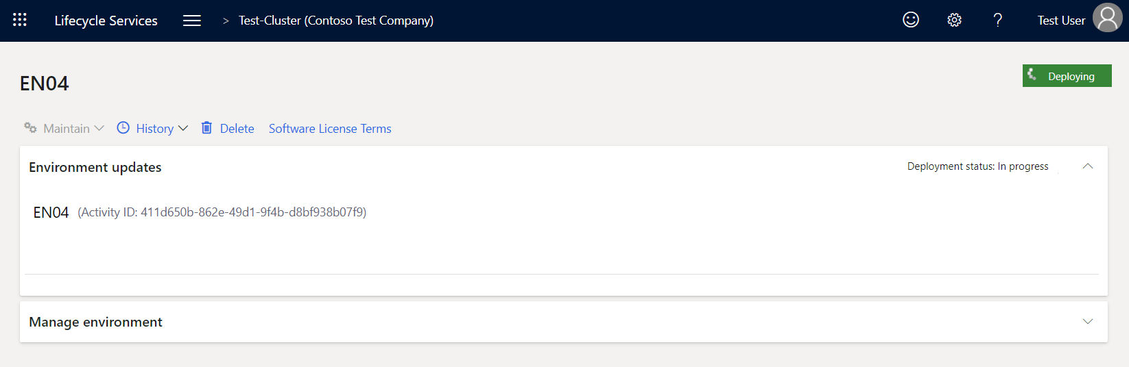 Environment details page showing Deploying status.