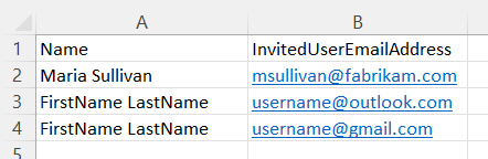 Снимок экрана: столбцы CSV-файла Name и InvitedUserEmailAddress.
