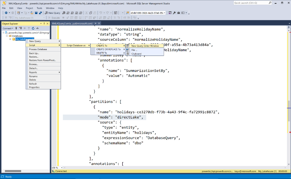 Снимок экрана: запрос XMLA в SSMS.