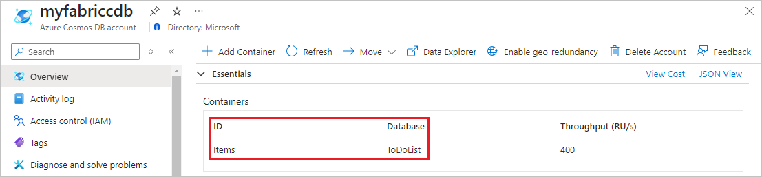 Снимок экрана: список контейнеров для учетной записи API NoSQL Azure Cosmos DB.