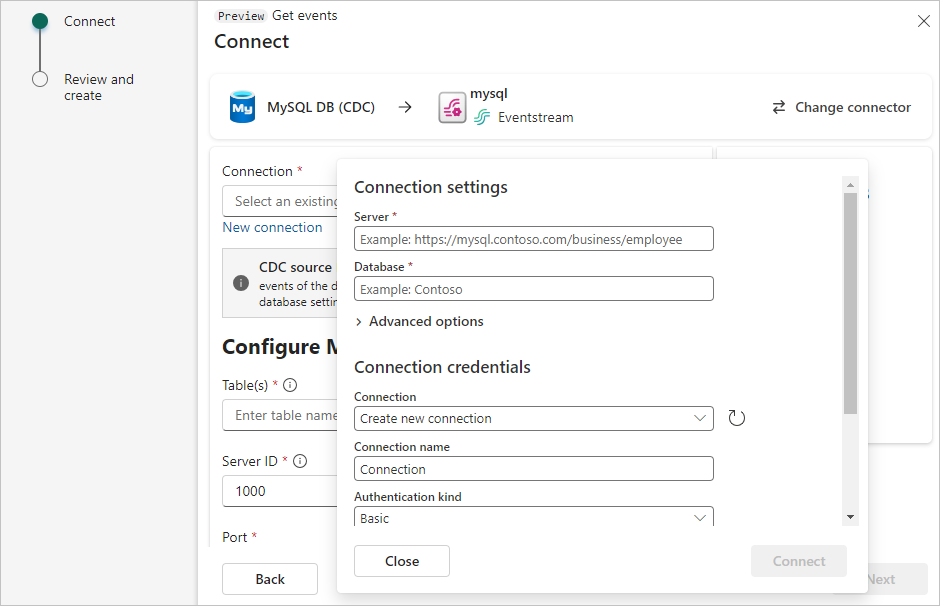 Снимок экрана: параметры подключения для Базы данных Azure MySQL (CDC).