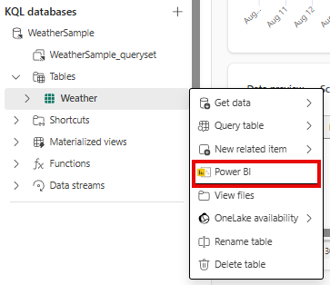 Снимок экрана: создание отчета Power BI из таблицы. Меню таблицы открыто с выбранным отчетом Power BI сборки.